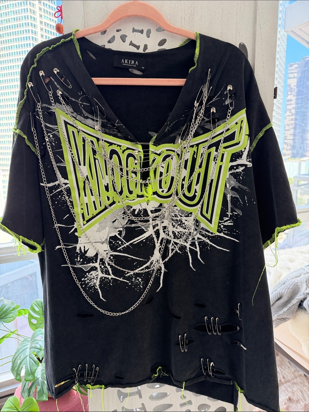 AKIRA  size s/m Tee with Neon Green 'KNOCK OUT' Graphic